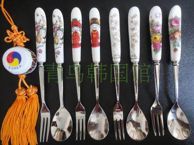 Korean Stainless Steel Ceramic Handle*Korean Style Fruit Fork 9 Coffee Spoons Mini 2-Piece Set (Small) 15 5CM