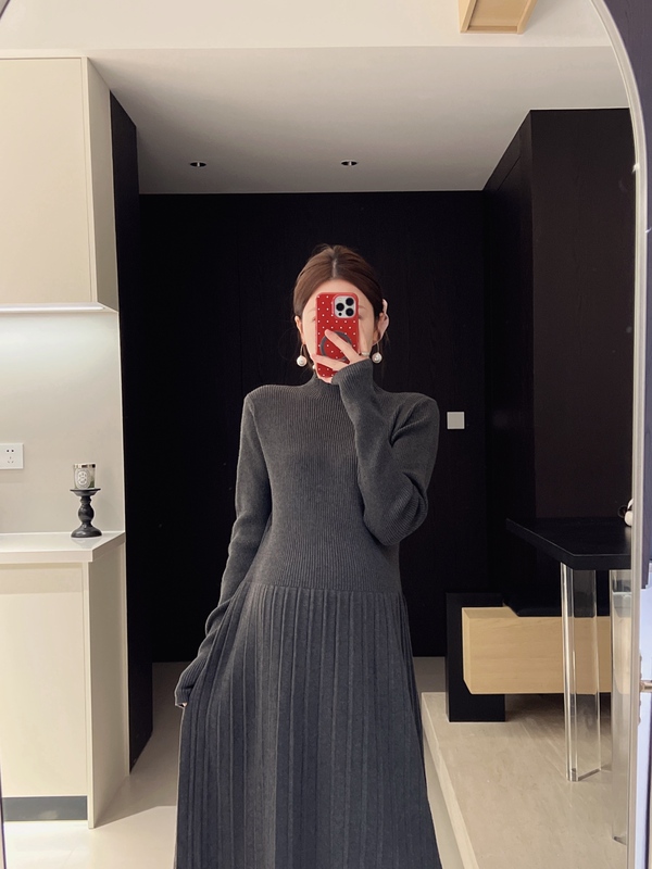 Senenmu 【Half-High Collar Long-Sleeved Dress】 Autumn and Winter Maternity Dress, Slimming, Loose, Plus-Size Maternity Dress