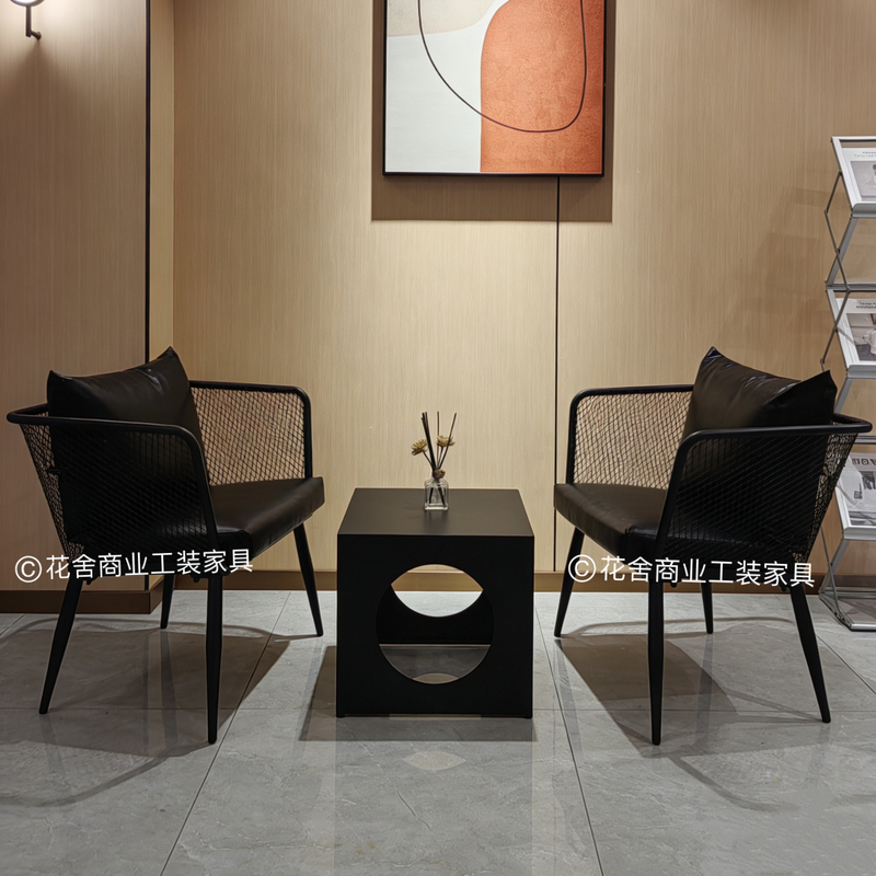 Industrial Style Minimalist Cafe Sofa Chair and Coffee Table Set, Iron and Leather Bar Lounge Area Meeting Table and Chairs