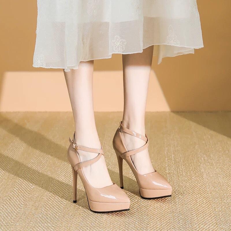 Bean Paste Color 12cm Runway High Heels with Waterproof Platform, Cross-Strap Buckle, Pointed Toe, Stiletto Heels, Thick Sole, Sky-High, Small Size