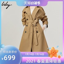 Lily2019 autumn new British wind double breasted khaki belted medium-length windbreaker women 119319C1905