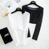 Black half mesh gauze base shirt autumn sexy lace half-length long sleeve T-shirt gauze women transparent interior top
