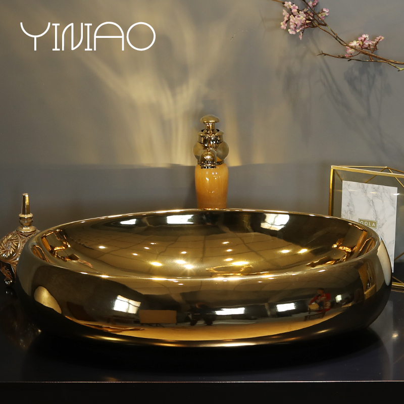 Jingdezhen stage basin round gold household lavabo European - style bathroom ceramic art basin