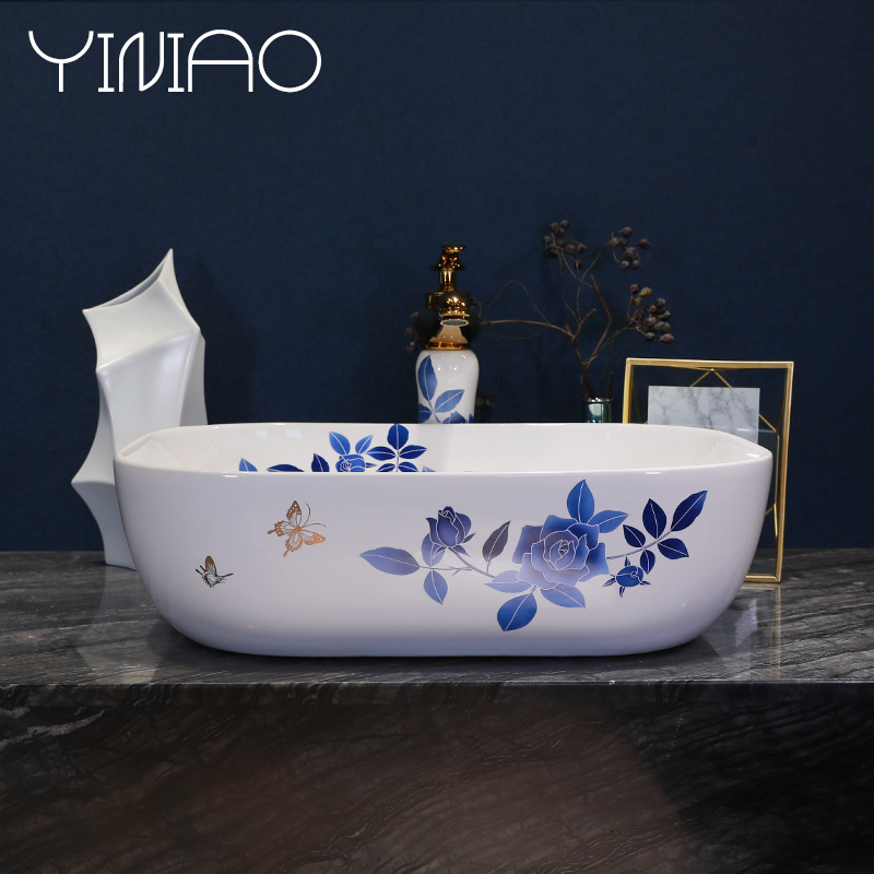 Simple fashion stage basin ceramic lavabo blue roses lavatory oval face basin bathroom art basin