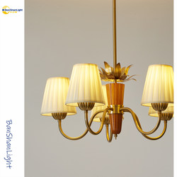 Vintage Solid Wood Living Room Chandelier, Retro French-Style Main Light, Study Room, South Asian-Style Bedroom and Dining Room Fabric Lampshade