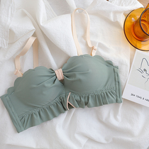 Korean bow girl wooden ear underwear without steel ring small chest gathered up to support no trace without shoulder strap bra set