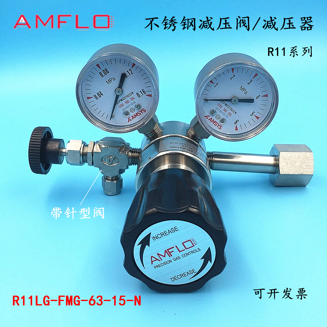 不锈钢减压阀 氮氧氢氦氩气 R11系列高纯气体减压器阀门流量计