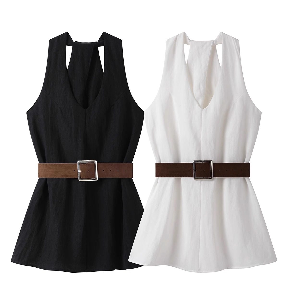 Korean style elegant V-neck halter neck sleeveless vest for women, summer chic and sophisticated fitted waist backless shirt, French style top