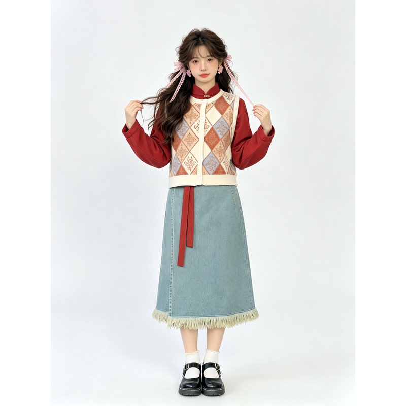 New Chinese-Style Women's Autumn and Winter Outfit with National Style and Han Elements: Diamond-Patterned Cardigan, Vest, Bow-Sleeve Shirt, Denim Half Skirt New Chinese-Style Women's Autumn and Winter Outfit with National Style and Han Elements: Diamond-Patterned Cardigan, Vest, Bow-Sleeve Shirt, Denim Half Skirt