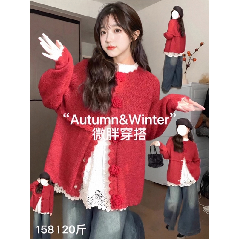 Plus-Size Gentle Style Red Three-Dimensional Flower Knit Sweater Layered with Lace T-Shirt Two-Piece Set Autumn and Winter Outfit for Women