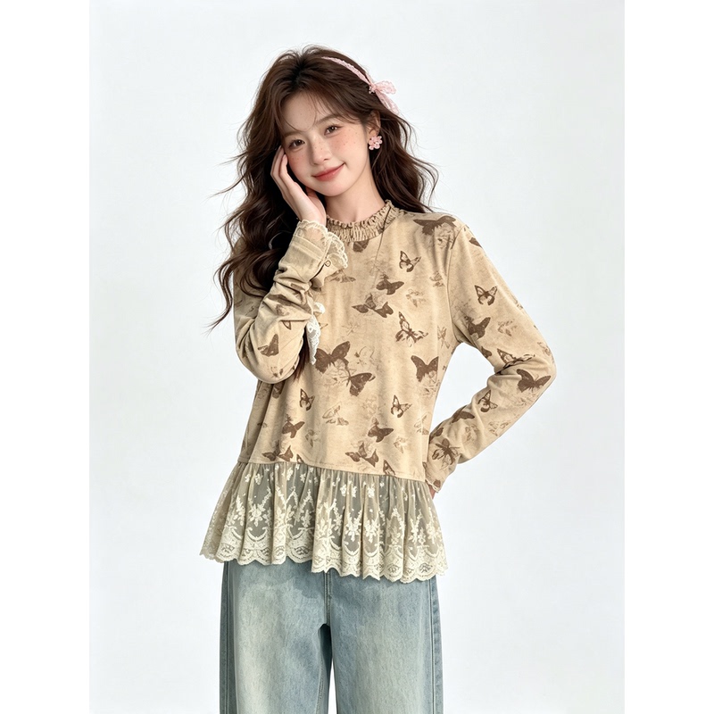 French Retro Butterfly Print Lace Splicing Long-Sleeved T-Shirt for Women in Autum with a Loose and Slimming Design