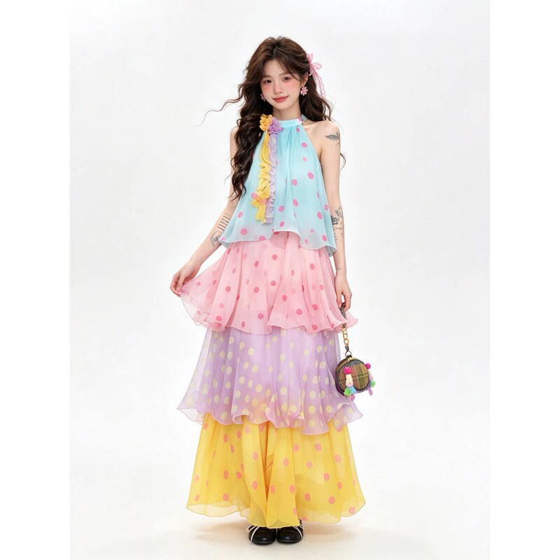 Dopamine-Colored Polka Dot Halter Dress for Women, Summer Sweet Vacation Style, Loose, Slimming, Off-Shoulder Tiered Long Dress