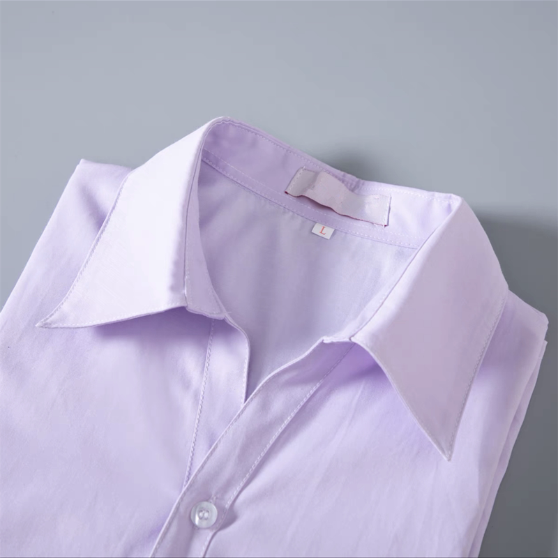New Lavender Shirt for Women, Versatile Flat-Front Workwear, Professional Attire, Formal Long-Sleeve Shirt, V-Neck Uniform, Waist-Cinching