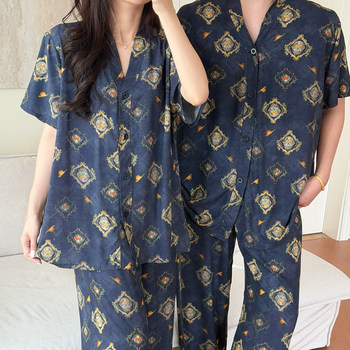 Summer cotton silk couple short-sleeved wearable pajamas set