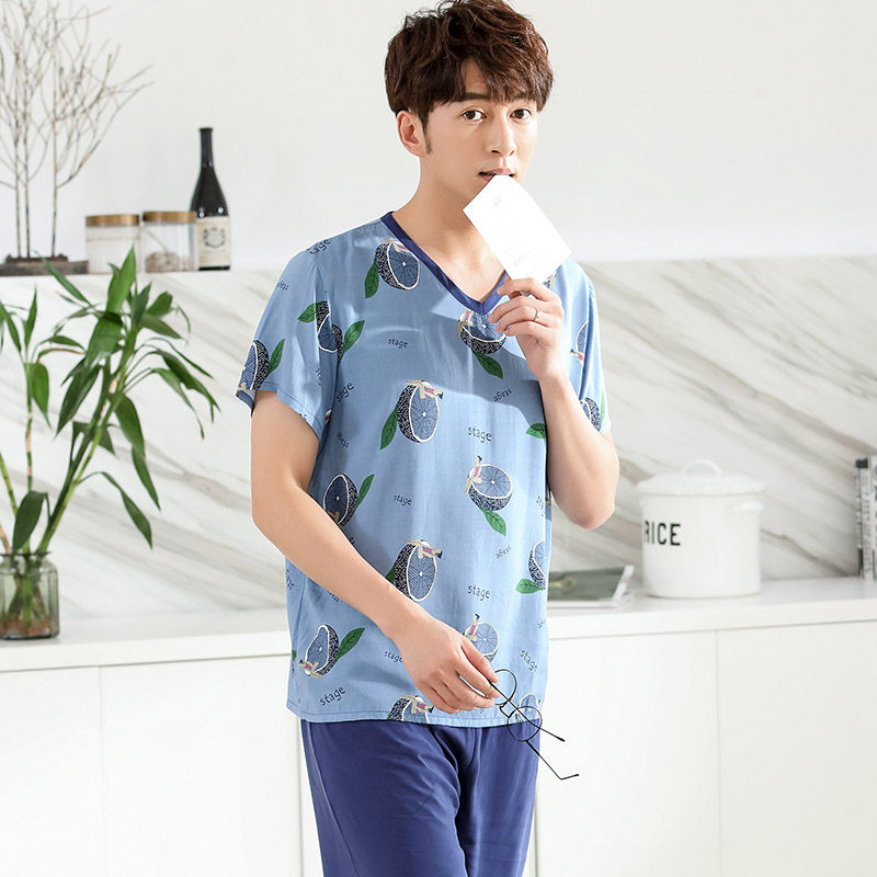 Pajamas summer men's short-sleeved cotton silk thin student suit Artificial cotton silk Korean version loose cotton poplin woven home clothes
