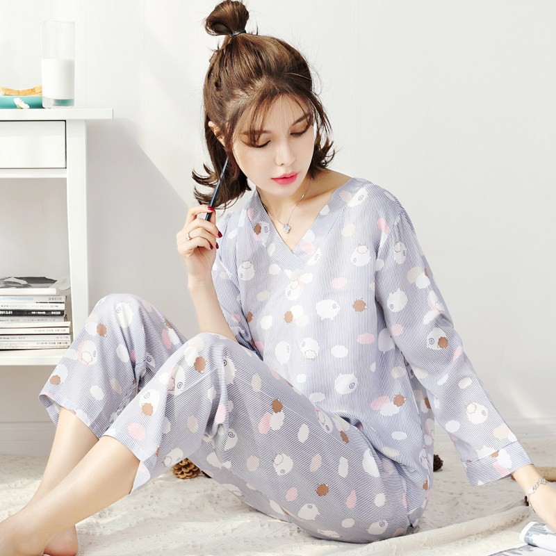 Summer and spring thin long-sleeved cotton pajamas women's pure cotton silk suit cotton silk cute rayon large size home clothes