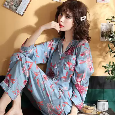 Pajamas Women Spring and Autumn Thin Cardigan Faux Cotton Set Long Sleeve Summer Sweet Cute Cotton Cotton Home Clothes