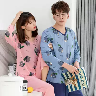 Spring and autumn couple pajamas women cotton silk long sleeve men's summer large size suit cute cotton home clothing Korean version