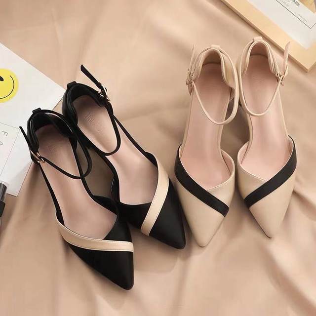 Sandals Fairy Style Heels Thick Heels 2023 New Spring and Summer Versatile Color Matching Pointed Toe Medium Heels Fashionable Strap High Heels