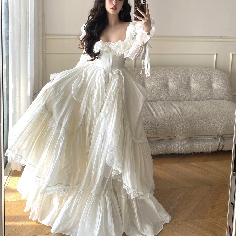 Socialite French-Style First Love Retro Palace-Style Ruffled White Fishbone Waist-Cinching Wedding Dress Birthday Princess Dress