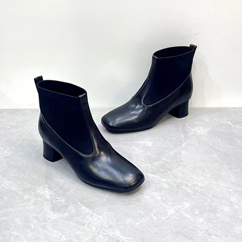 New autumn and winter genuine leather square-toe sleeve short boots with temperament and versatile thick heel splicing sock boots commuter fashion women's boots