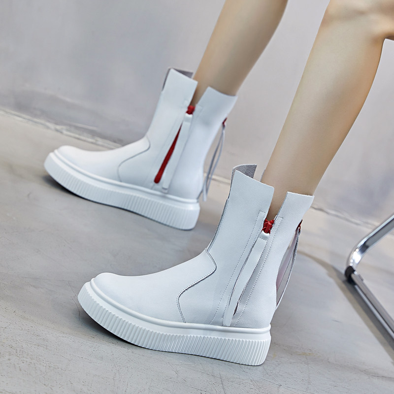 White Martin boots women's spring and autumn single boots muffin thick bottom increased leather red fried street cool boots European station short boots