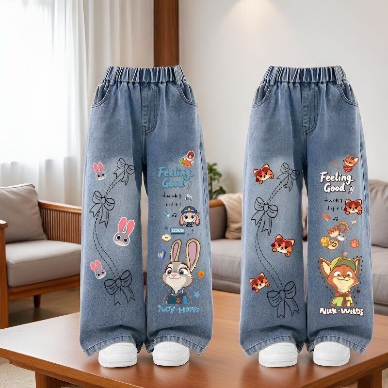 New Zootopia Judy Nick Jeans Spring and Autumn Style Girls' Straight Wide-Leg Pants for Older Children Cartoon Fashion New Zootopia Judy Nick Jeans Spring and Autumn Style Girls' Straight Wide-Leg Pants for Older Children Cartoon Fashion