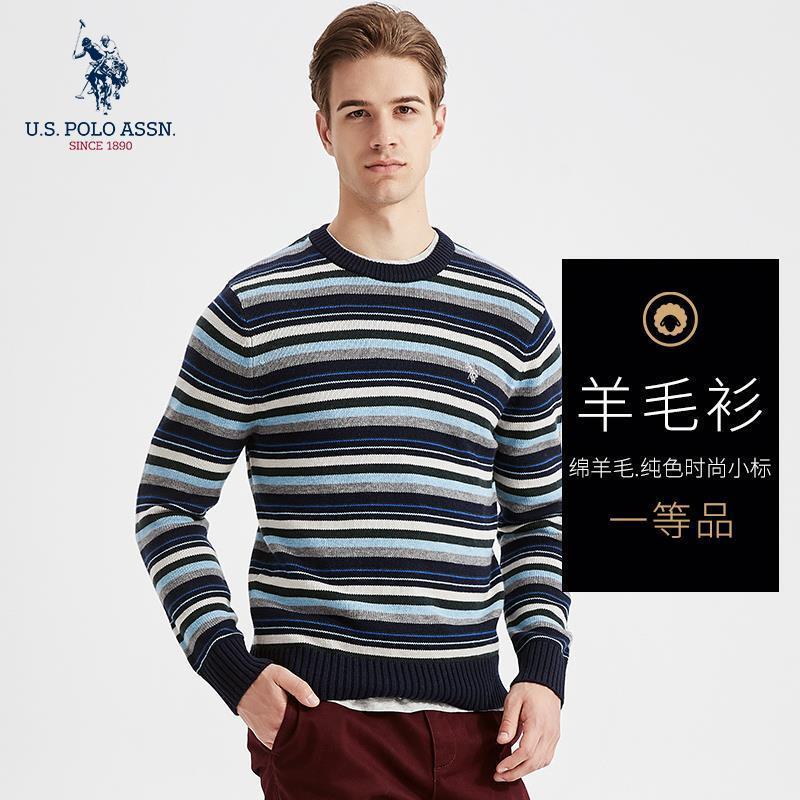 Uspoloassn American Polo Association Autumn and Winter Men's Crew Neck Wool Sweater Striped Thick Knit Sweater
