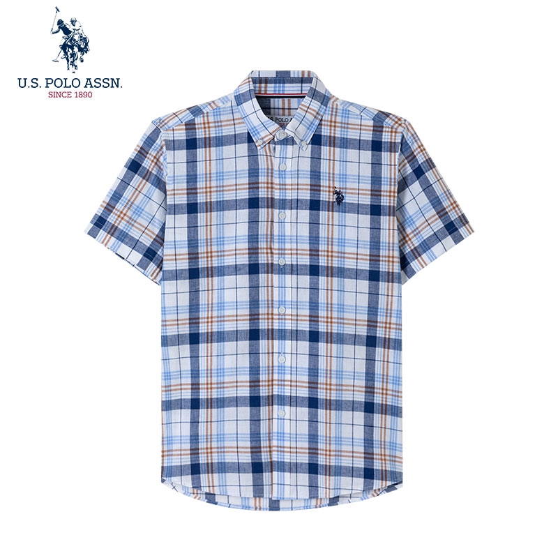 Uspoloassn American Polo Association Summer Men's Short-Sleeved Plaid Shirt Cotton and Linen Breathable Half-Sleeved Shirt