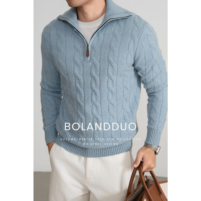 【Sheep Wool】Italian-Style Old Money Pattern Zipper Wool Sweater for Men, Convertible High-Neck Pullover Knit Sweater for Autumn and Winter