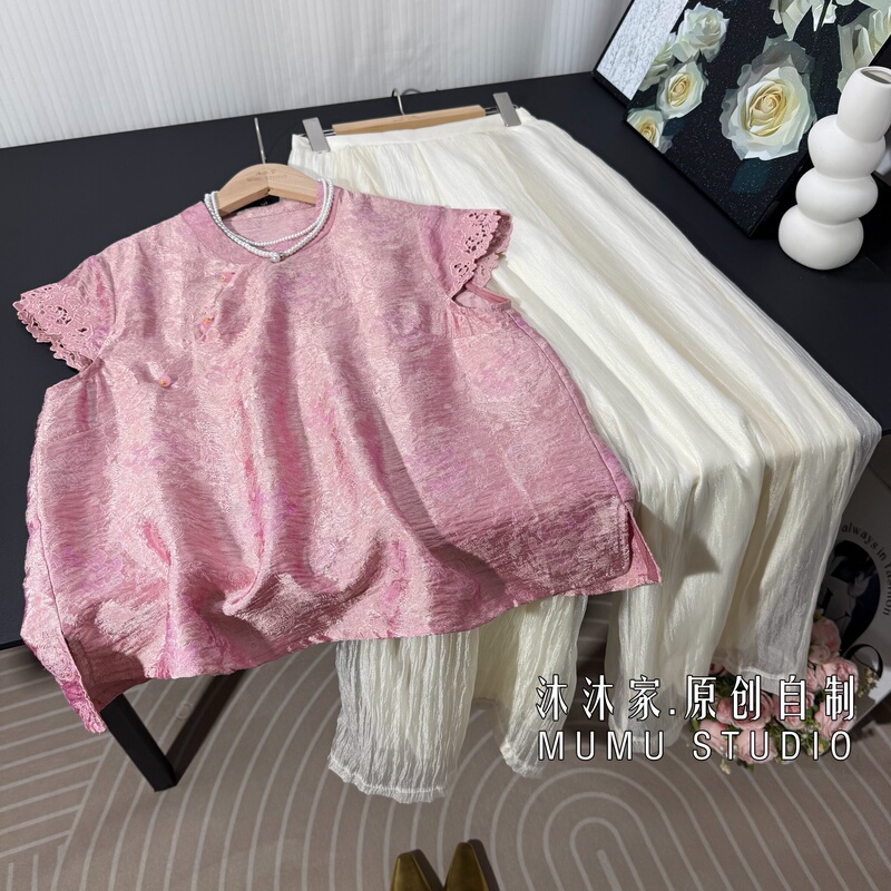 New Chinese-Style Pink Satin Jacquard National Style Lace Short-Sleeve Women's 2026 Summer Gentle Fashionable Slimming T-Shirt Top