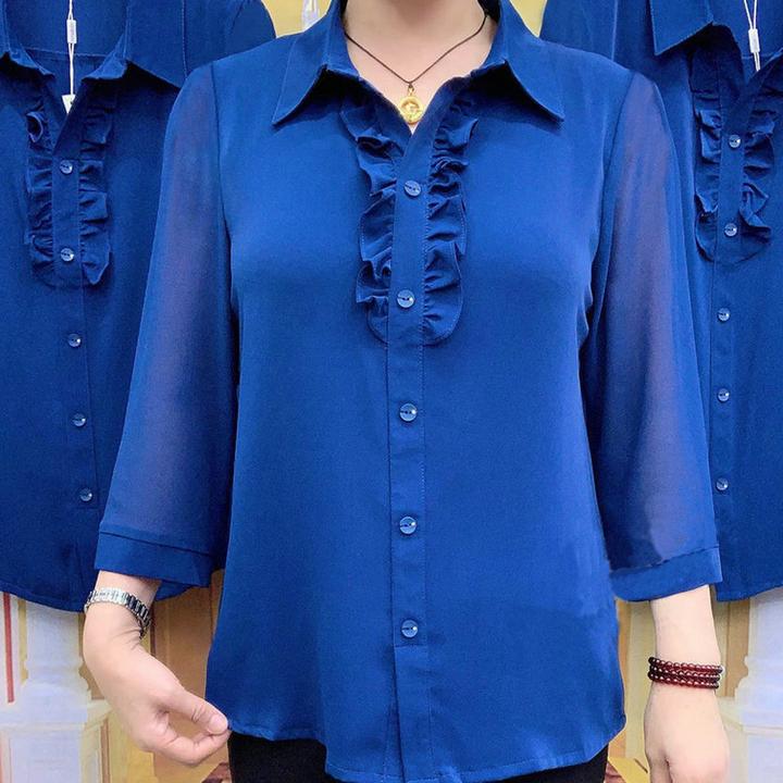 New Plus-Size Middle-Aged and Elderly Women's Solid Color Ruffled Lace Blouse with Three-Quarter Sleeves, Loose-Fitting Top for the Year of Birth