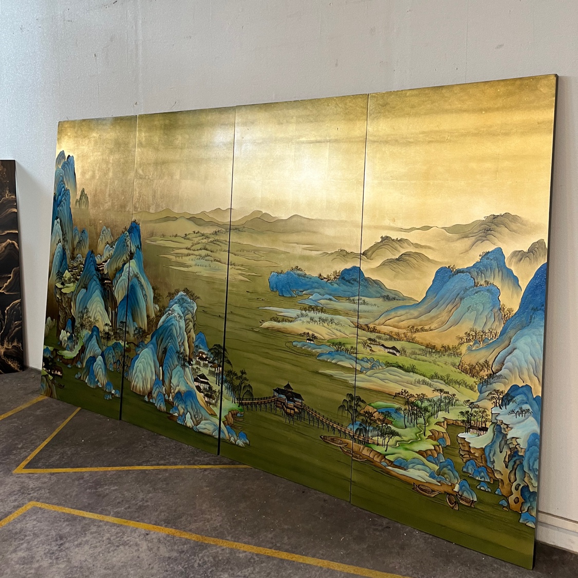 纯手工绘制漆画金箔挂画千里江山如画青绿山水画可定制其他图案