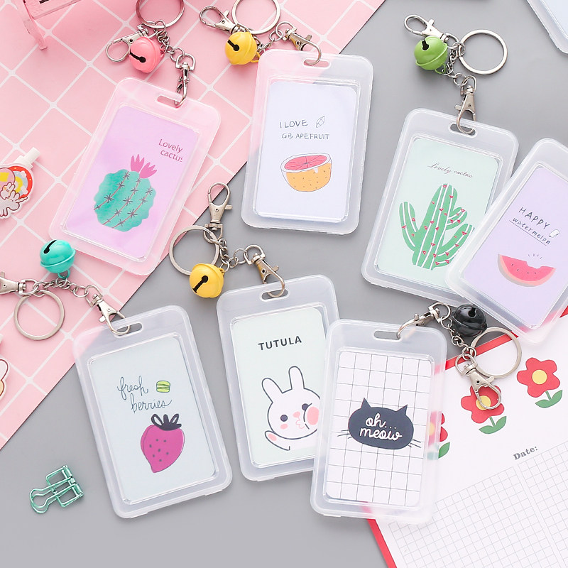 Double-sided transparent bus card set with bells Korean keychain Female creative cartoon cute rice card holder Student school card