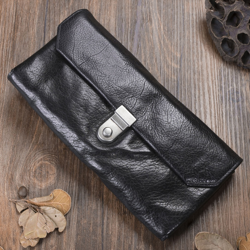Original vintage handmade leather long wallet first layer cowhide fold wallet Men's and women's mobile phone bag lock handbag