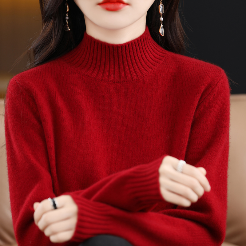 Red 100% Pure Wool Knit Sweater for Women, Autumn and Winter Inner Wear, Round Neck Sweater, Half Turtleneck, Slimming Top, Thick