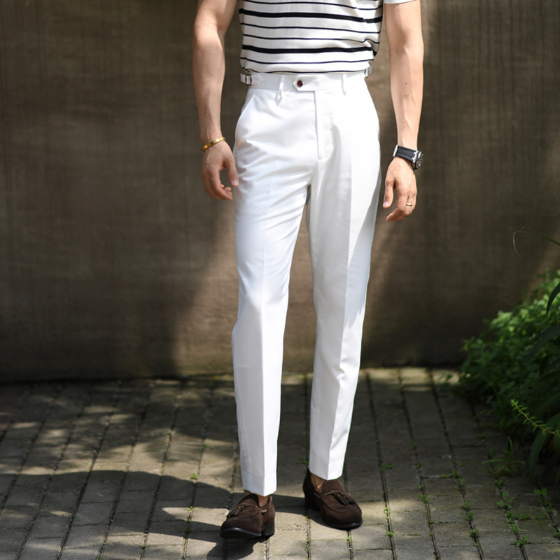 Italian-Style Naples Straight-Leg Casual Trousers for Men, White and Non-See-Through