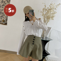 (time-limited 5 fold) grid four-grain button shorts female Korean version with high waist display slim a pair of pants