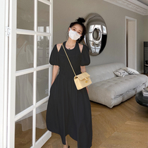 Ginsu One Bubble Sleeves Dress Woman 2022 Summer Korean version with careful machine Dew Shoulder Temperament Closeout Slim Long Dress