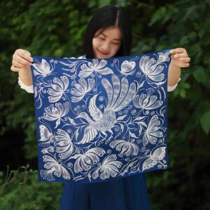 Shuijiafang Plant-Dyed Batik Silk Scarf, Guizhou Ethnic Minority Blue Dyeing Craft, Miao Totem Pure Handmade Square Scarf
