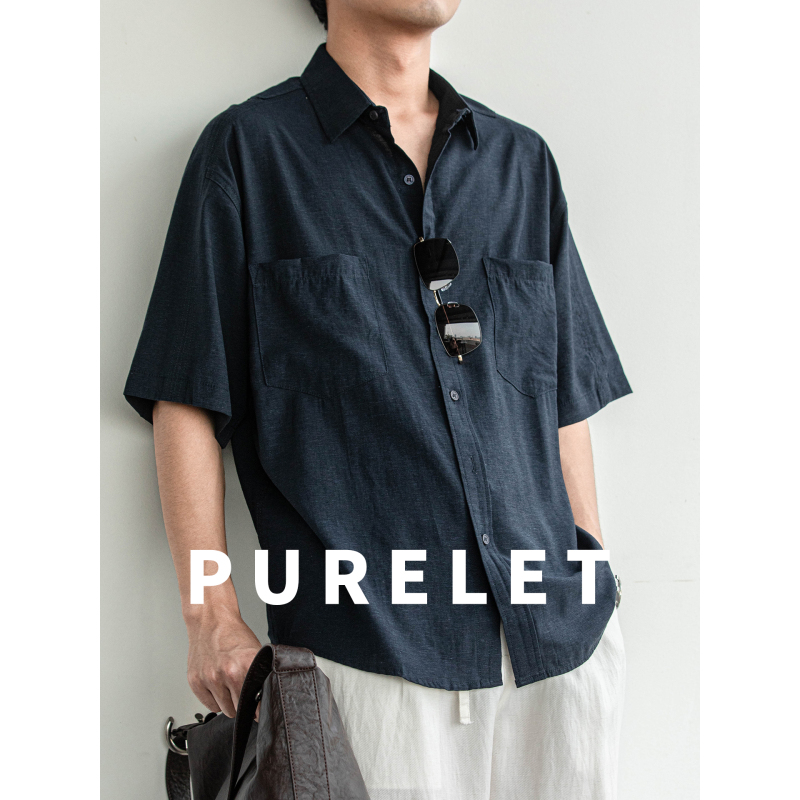 Lyocell Linen Blend Short-Sleeved Shirt for Men, Summer Breathable and Cool, Navy Blue American Retro Old Money Commuter Shirt Lyocell Linen Blend Short-Sleeved Shirt for Men, Summer Breathable and Cool, Navy Blue American Retro Old Money Commuter Shirt