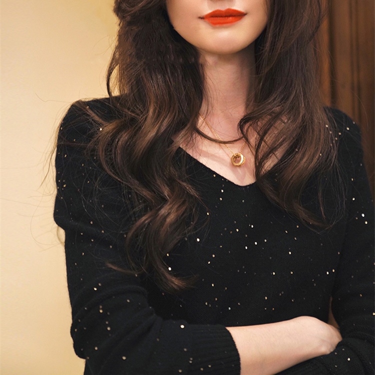 V-Neck Sequin Sweater for Women, Short Cashmere Knit with Rhinestone Starry Sky Design, Stylish Thin Wool Knit Top for Layering