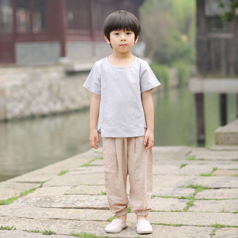 Trẻ em Tang váy boy set mùa hè gió Trung Quốc bé ngắn tay retro kiểu Trung Quốc Han quần áo hai mảnh được cải thiện cổ váy.