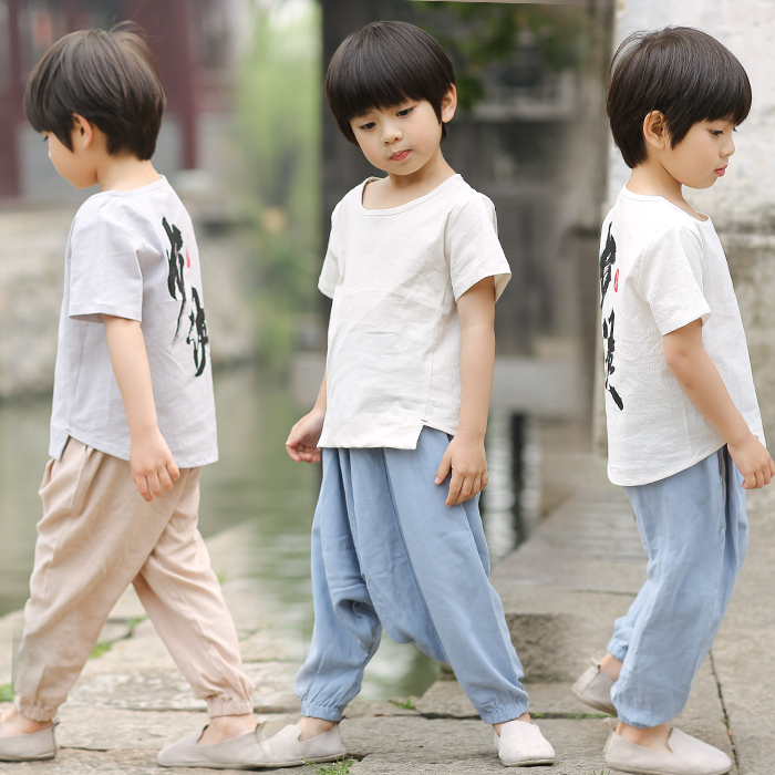 Trẻ em Tang váy boy set mùa hè gió Trung Quốc bé ngắn tay retro kiểu Trung Quốc Han quần áo hai mảnh được cải thiện cổ váy.