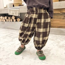 Boy bloomers children cotton and linen plaid anti-mosquito pants thin foreign baby spring and autumn loose Harlan pants