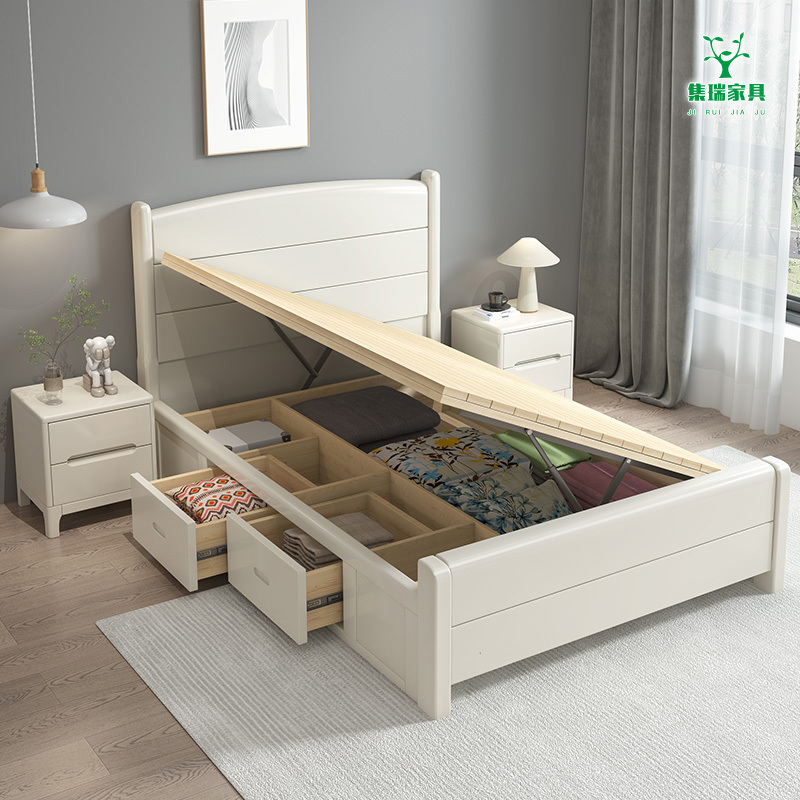 White Simple Solid Wood Bed 1.2m Single Bed 1.35 Small Apartment 1.15m m Air Pressure Drawer Storage Children's Bed