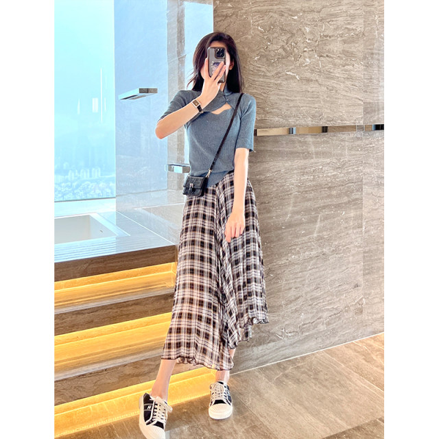 Yuyu 2022 new French temperament fashion suit skirt two-piece women's summer thin and niche plaid skirt