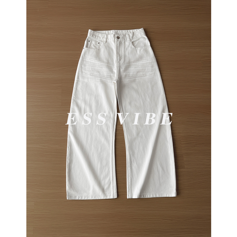 Ess Vib American Old Money Style Crinkled Scimitar Jeans for Men, Loose A-Line Wide-Leg Straight White Casual Pants