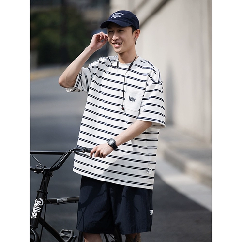 Bellken Ранняя студия 23SS Свободная классическая полосатая рубашка футболка с коротки