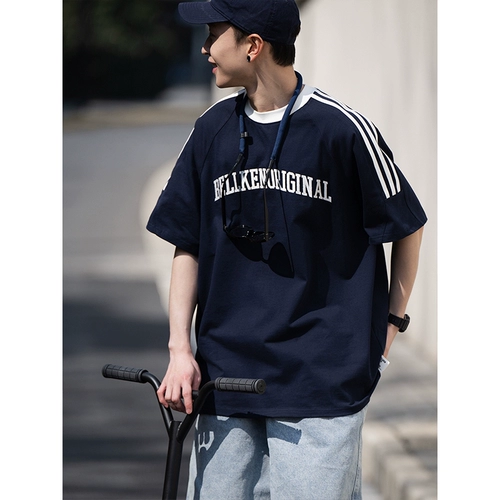 Bellken 300G Тяжелая буква вышивка хлопка классическая ретро три бара вставленные плечевые рукава короткие -мала